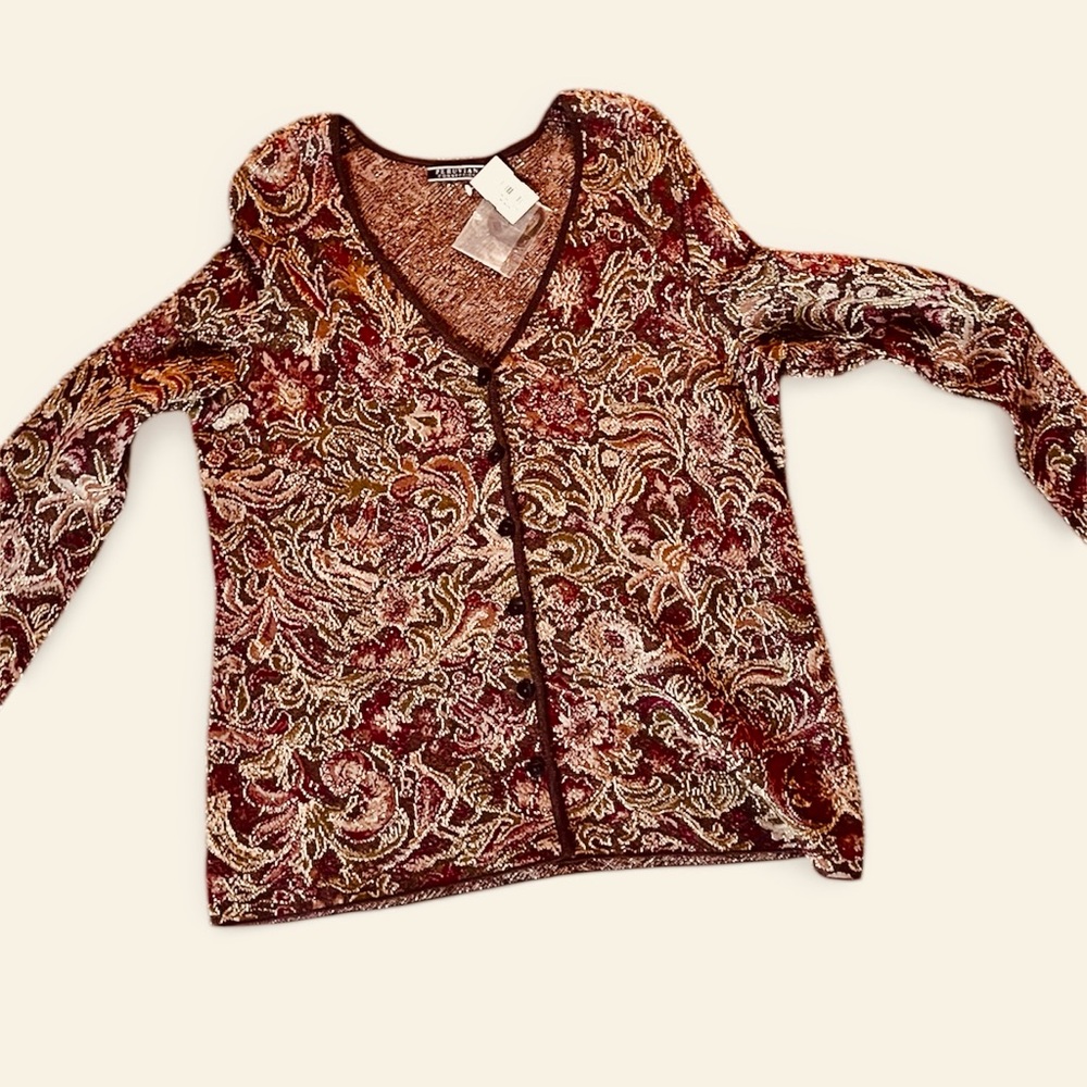 Peruvian Connection NWT Burgundy and Gold Brocade Knit Sweater XL Retail $229.